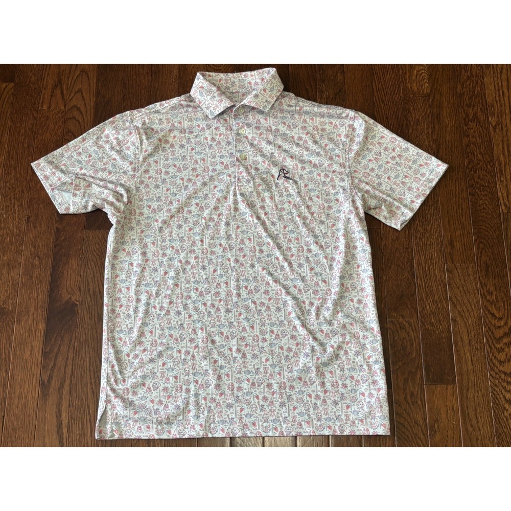 Rhoback Mens Small Americana Print Performance Polo Shirt White Red Blue Golf